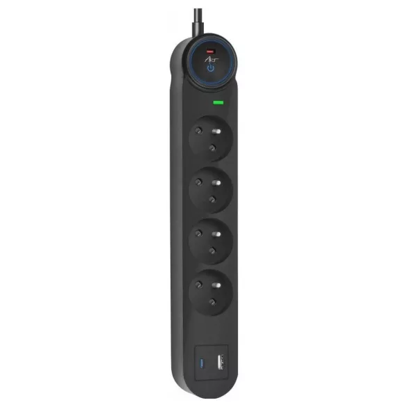 Extension cord 4 sockets + USB A + USB C Art FU910 1,5 m fekete