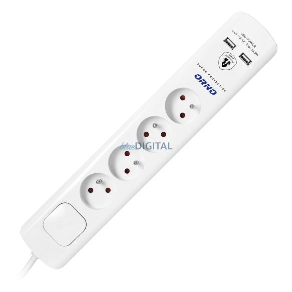 Túlfeszültség elleni védelem, 4 aljzat 2P+E 2xUSB, 3x1.0mm2 kábel, 3m hosszú, fehér (OR-AE-13243/W/3M)