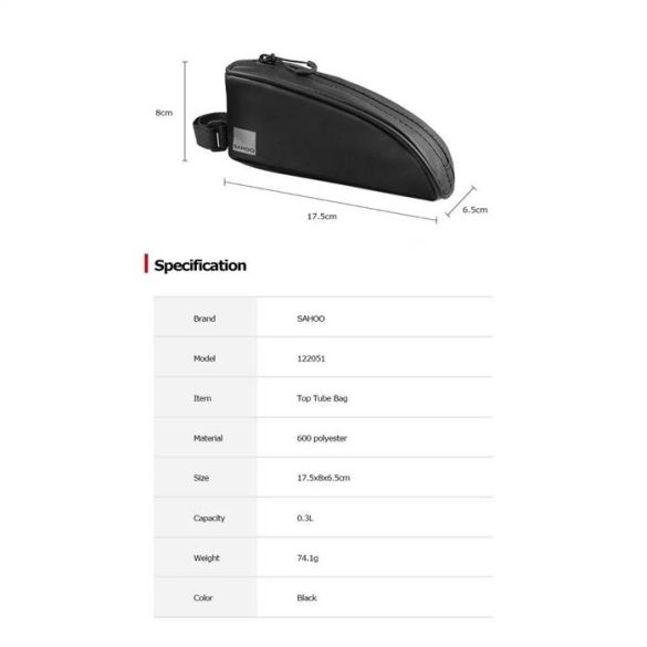 Kerékpáros táska a kerékpárvázra cipzáras vízálló 0,3l Sahoo 122051