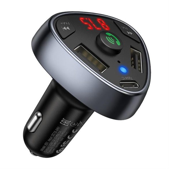 HOCO autós töltő PD18W + USB 2,1A Átviteli FM Bluetooth + TF kártya E51 fekete