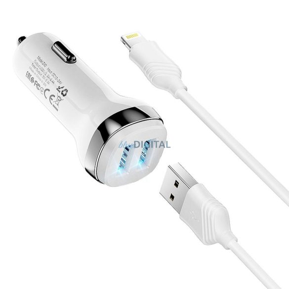 HOCO autós töltő 2x USB A + kábel USB A - iPhone Lightning 8-pin 2,4A Z40 fehér