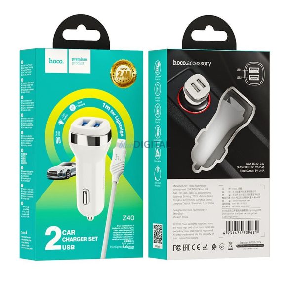 HOCO autós töltő 2x USB A + kábel USB A - iPhone Lightning 8-pin 2,4A Z40 fehér