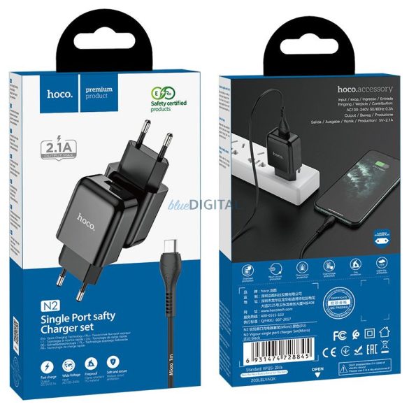 Hoco N2 Vigour hálózati töltő 1x USB-A csatlakozással és USB-A - microUSB kábellel 2.1A - fekete