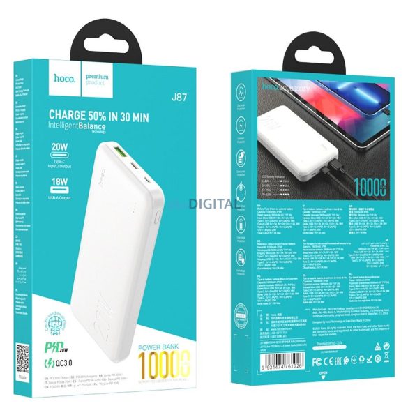 HOCO powerbank 10 000mAh PD20W + QC3.0 J87 fehér