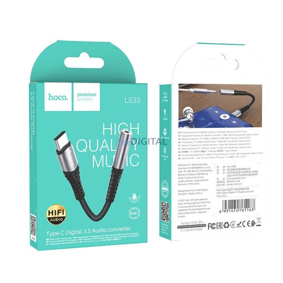 HOCO adapter AUX Jack 3,5 mm (női) USB C (férfi) LS33 fém szürke
