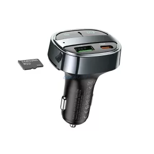 HOCO E70 autós töltő USB-A + Type-C kijelzővel + FM-transzmitter BT PD QC3.0 5A 30W - obszidián fekete
