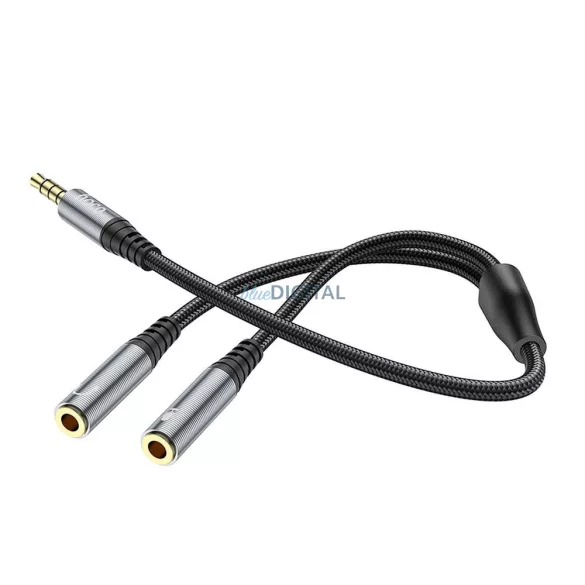 HOCO UPA21 AUX kábel 2in1 3.5mm jack (apa) - 2 x 3.5mm jack (anya) 0.25m - fémszürke