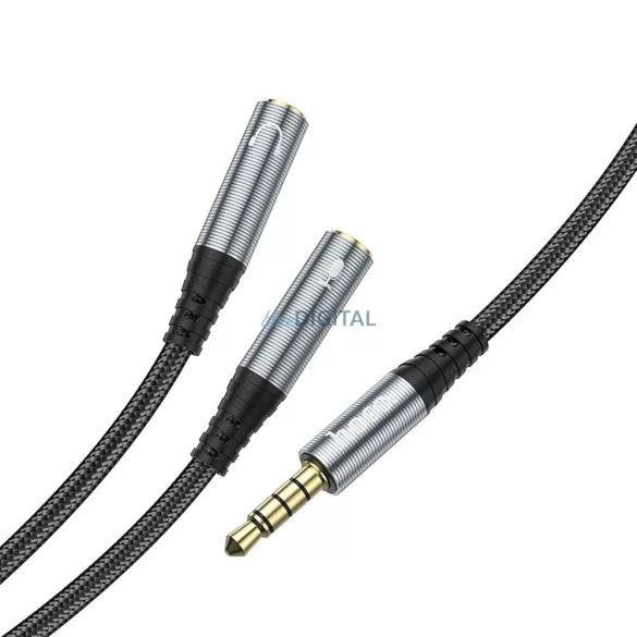 HOCO UPA21 AUX kábel 2in1 3.5mm jack (apa) - 2 x 3.5mm jack (anya) 0.25m - fémszürke