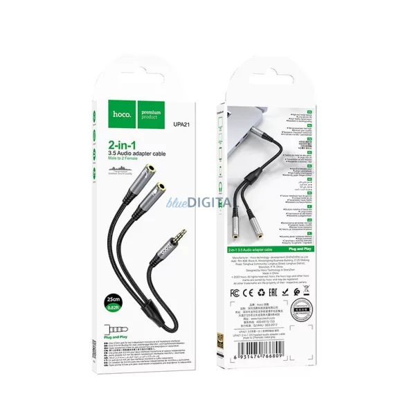 HOCO UPA21 AUX kábel 2in1 3.5mm jack (apa) - 2 x 3.5mm jack (anya) 0.25m - fémszürke