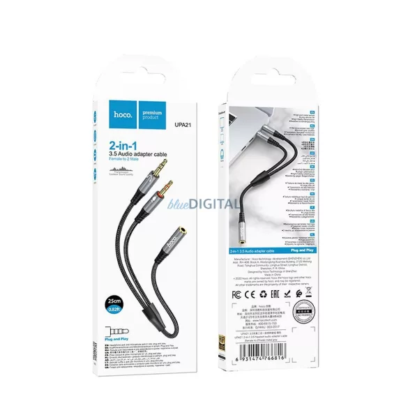 HOCO UPA21 AUX kábel 2in1 3.5mm jack (anya) - 2 x 3.5mm jack (apa) 0.25m - fémszürke