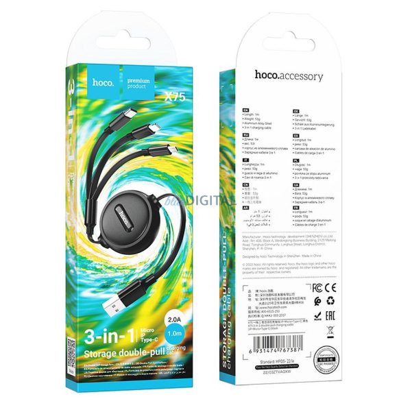 HOCO kábel USB 3in1 iPhone Lightning 8-pin + Micro + C típus X75 fekete