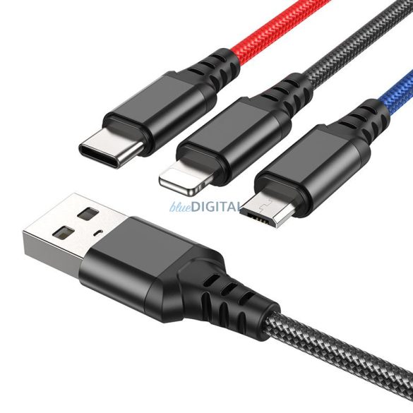 HOCO kábel USB 3in1 iPhone Lightning 8-pin + Micro + C típus X76 fekete/ piros/ kék