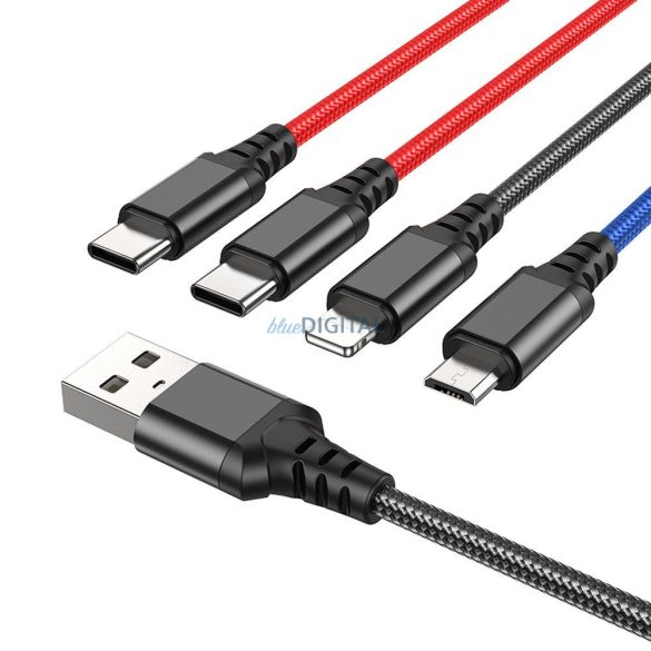 HOCO kábel USB 4in1 iPhone Lightning 8-pin + Micro + 2x Type C X76 fekete/ piros/kék