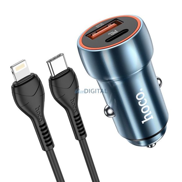 HOCO autós töltő Type-C + USB QC3.0 Power Delivery 20W kábellel iPhone Lightning 8-pin Z46A zafírkék