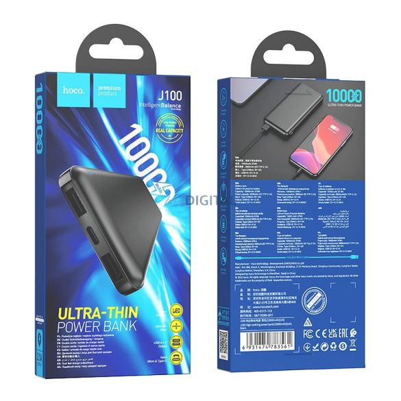 Hoco J100 powerbank 10000mAh 2.1A fekete - fekete