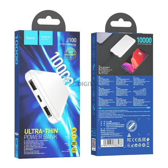 Hoco J100 powerbank 10000mAh 2.1A fehér - fehér