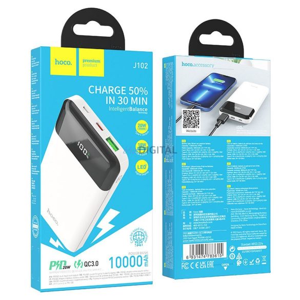 Hoco J102 powerbank 1xUSB-A és 1xUSB-C csatlakozással 10000mAh 20W 3A - fehér