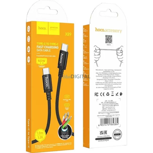 Hoco X89 Type-C - Type-C kábel 60W 3A 1m - fekete