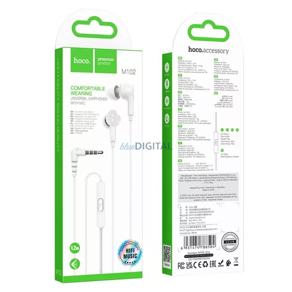 HOCO drót fülhallgató 3,5 mm-es jack mikrofonnal M102 fehér