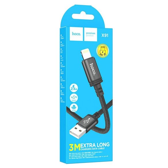 Hoco X91 USB-A - Lightning kábel 2.4A 3m - fekete