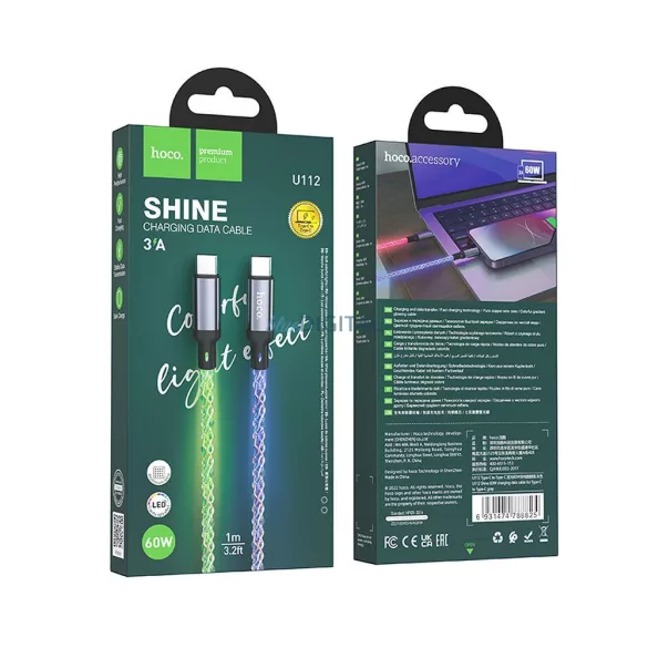 HOCO C típusú kábel C típusú C típusú kábelre 3A 60W U112 1 m szürke