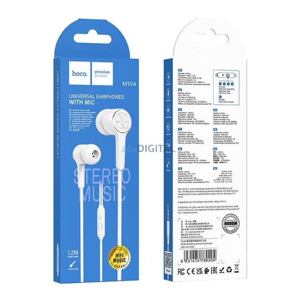 Hoco M104 vezetékes fülhallgató 3.5mm jack csatlakozóval, mikrofonnal - fehér