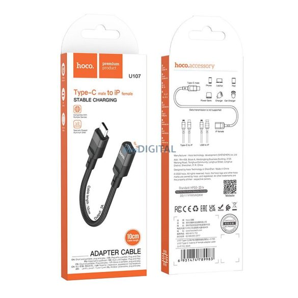 Hoco U107 Type-C - Lightning adapter 3A - fekete