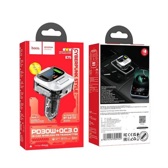HOCO autós töltő Bravery PD30W QC3.0 + adó FM Bluetooth E75 fekete