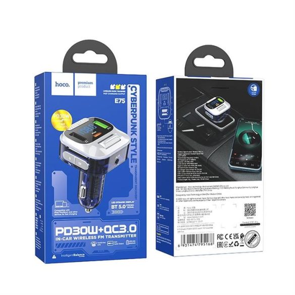 HOCO autós töltő Bravery PD30W QC3.0 + adó FM Bluetooth E75 sötétkék