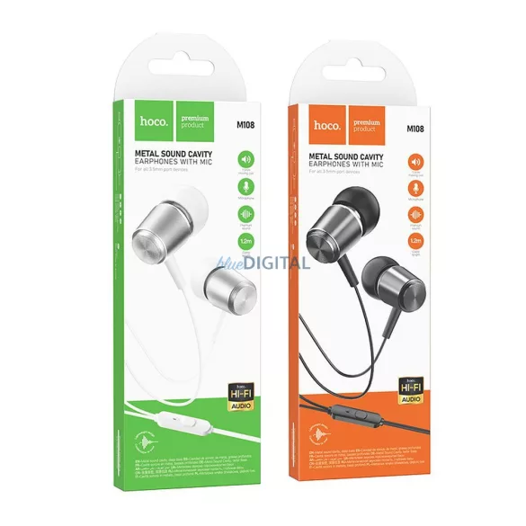 HOCO drót fülhallgató 3,5 mm-es jack mikrofonnal M108 fém szürke