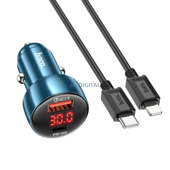 HOCO Z50 autós töltő 1xUSB-A és 1xUSB-C csatlakozóval Type-C - Lightning kábellel QC3.0 PD 48W - fémszürke