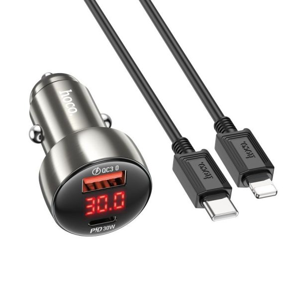 HOCO autós töltő USB QC 3.0 + Type-C + kábel Type-C Apple Lightning 8-pinPD 48W Leader Z50 fémszürke