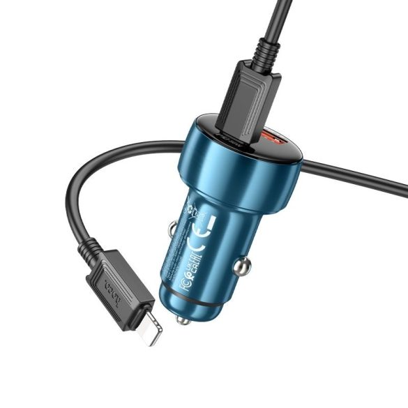 HOCO autós töltő USB QC 3.0 + Type-C + kábel Type-C Apple Lightning 8-pinPD 48W Leader Z50 fémszürke