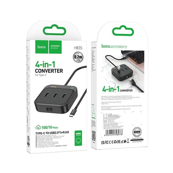 HOCO adapter HUB 4 az 1-ben Type C USB2.0*3+RJ45 100 Mbps Ethernet 0,2m HB35 fekete