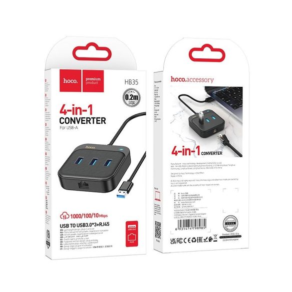 HOCO adapter HUB 4 az 1-ben Type-C - USB3.0*3+RJ45 100 Mbps Gigabit Ethernet 0,2m HB35 fekete
