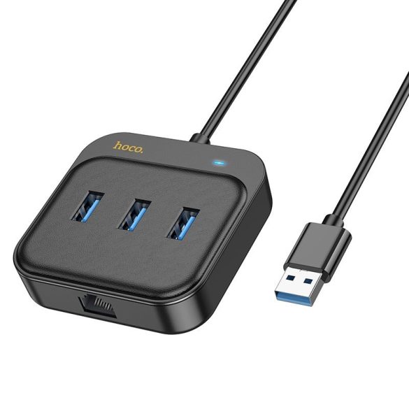 HOCO adapter HUB 4 az 1-ben USB-ről USB3.0*3+RJ45 Gigabit Ethernet 1,2m HB35 fekete