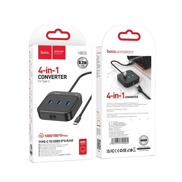 HOCO adapter HUB 4 az 1-ben Type C USB3.0*3+RJ45 Gigabit Ethernet 0,2m HB35 fekete