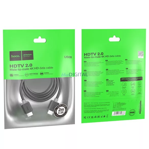 HOCO kábel HDMI HDMI ver. 2.0 4K/60Hz US08 2 m fekete