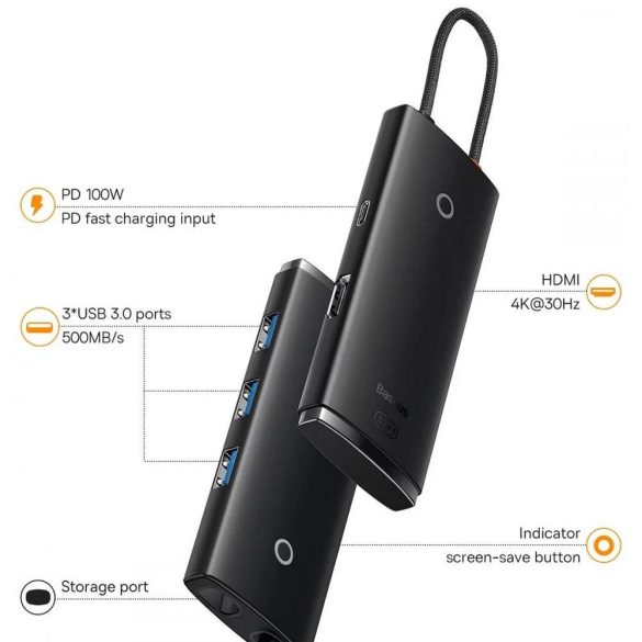 BASEUS Lite Series HUB 5in1 Type-C HDMI + 3xUSB 3.0 + PD fekete WKQX040001