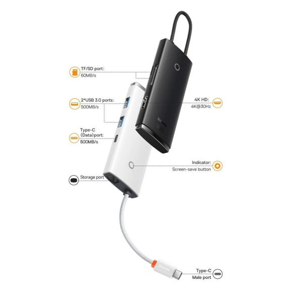 BASEUS Lite Series HUB 6in1 Type-C HDMI + 2xUSB 3.0 + Type C + SD/TF fehér WKQX050002