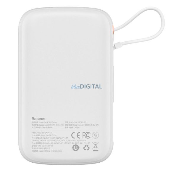 Power Bank BASEUS QPow - 10 000mAh LCD gyorstöltő PD 22,5W Type-C kábellel fehér PPQD020102