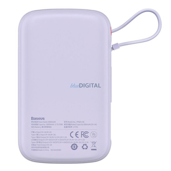 Power Bank BASEUS QPow - 10 000mAh LCD gyorstöltés PD 22,5W Type-C lila PPQD020105 kábellel