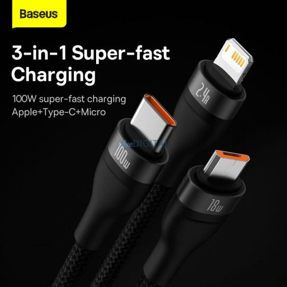 BASEUS USB kábel 3 az 1-ben Flash Series USB-C micro USB Lightning 100W CASS030001 1.2m fekete