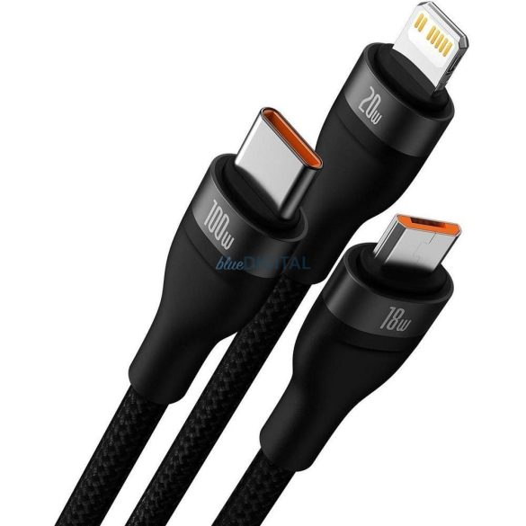 Baseus Flash Type-/USB-A - microUSB/Lightning/Type-C kábel PD QC 5A 100 W 1.2m - fekete