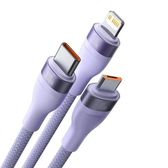 BASEUS kábel 3in1 Flash Series II USB A - Micro + Lightning 8-tű + C típus 100W 1,2m lila CASS030105