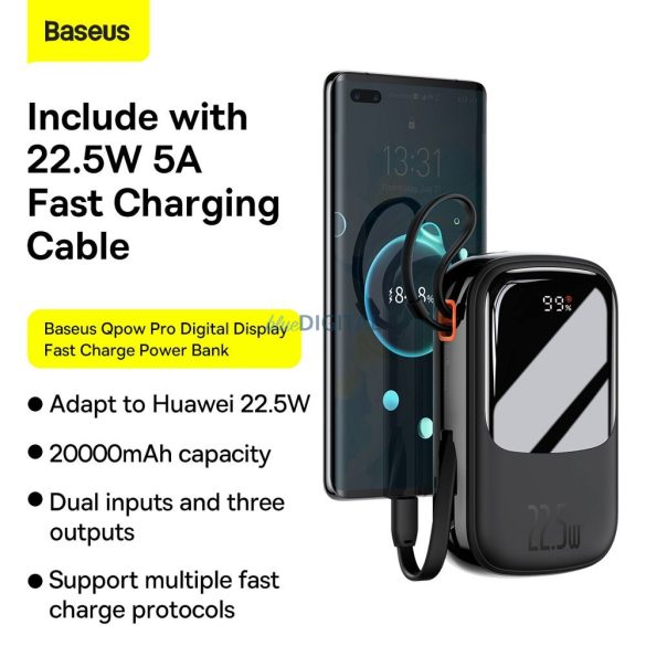 Power Bank BASEUS QPow Overseas Edition - 20 000mAh LCD gyorstöltés PD 22,5W kábellel Type-C fekete PPQD060301