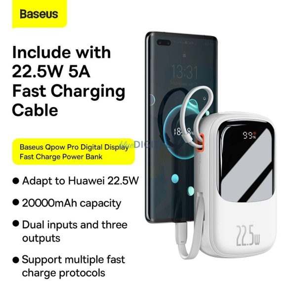 Power Bank BASEUS QPow Overseas Edition - 20 000mAh LCD gyorstöltés PD 22,5W kábellel Type-C fehér PPQD060302