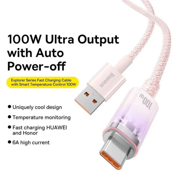 BASEUS kábel USB-Type-C Power Delivery Explorer 100W 1m rózsaszín CATS010404