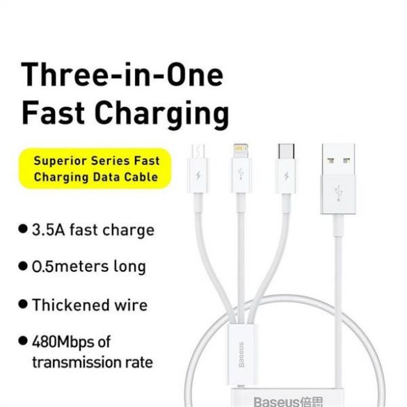 BASEUS kábel 3 az 1-ben Flash Series II USB A - Micro + Lightning 8-pin + Type-C 3,5A 0,5m fehér P10320105221-01
