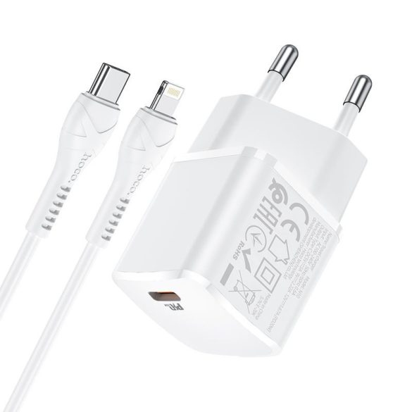 HOCO Type-C utazó töltő + kábel iPhone Lightning 8-tűs tápegységhez 20W Starter N10 fehér